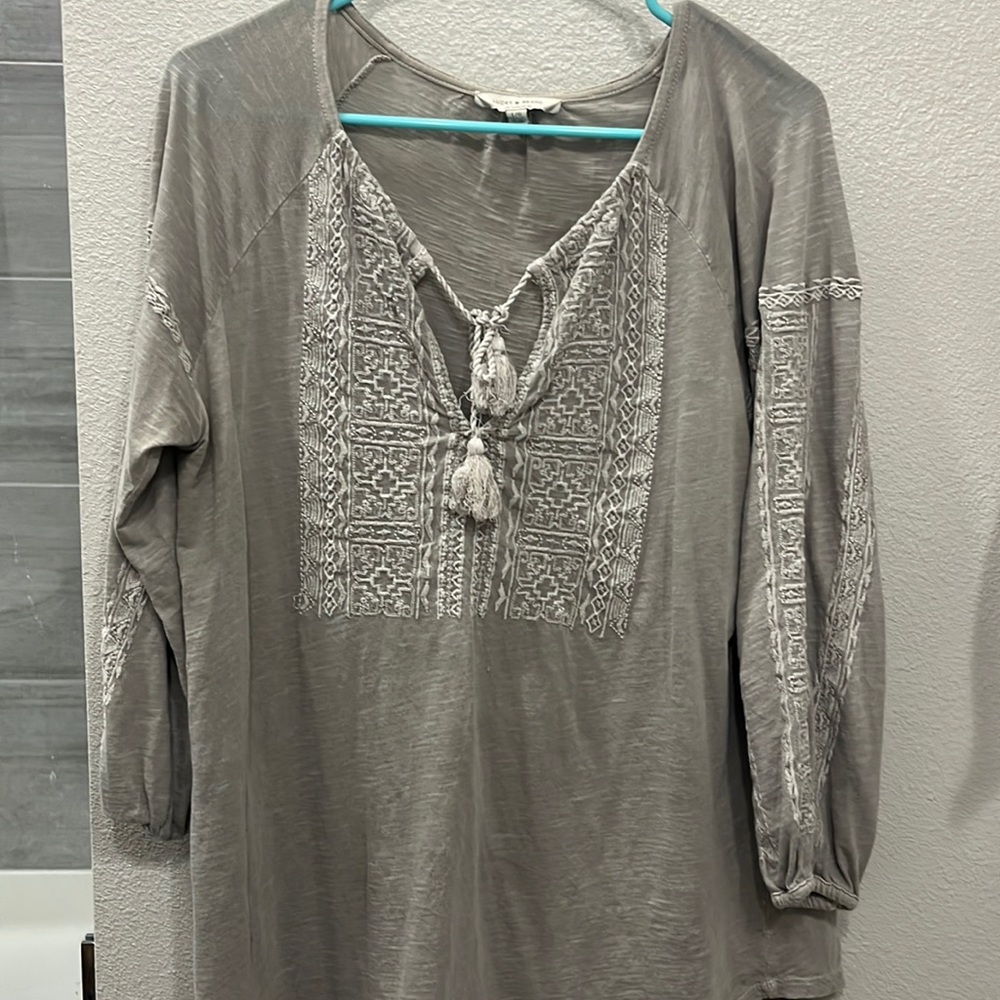 Lucky Brand Taupe Embroidered Blouse